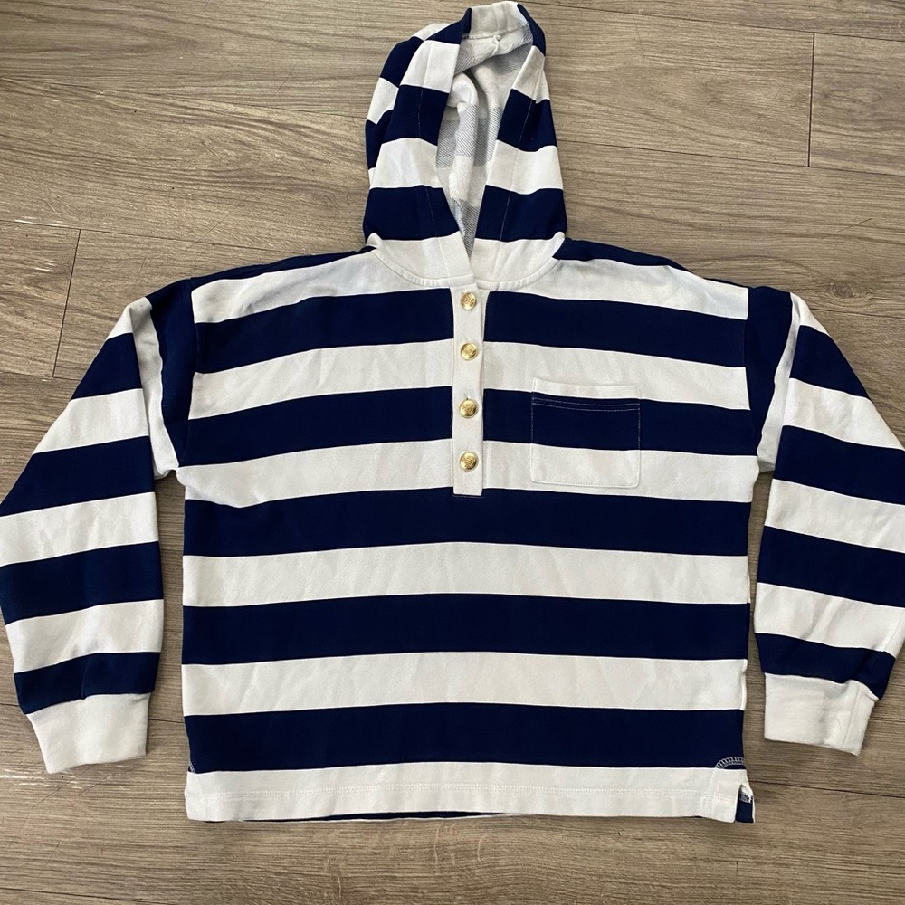 J. Crew University Terry Henley Sweatshirt Navy Blue and White Stripes